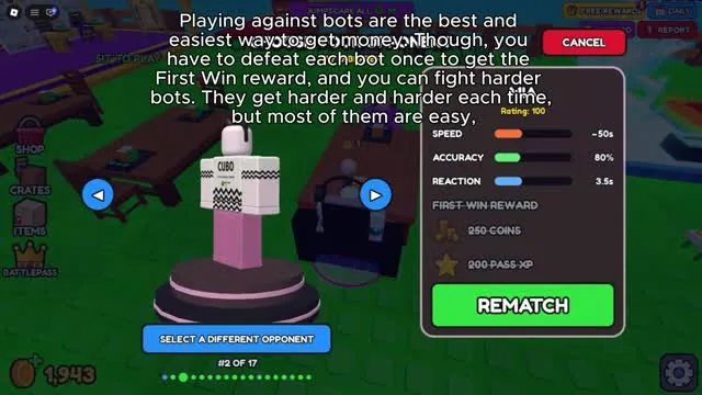 Bot select screen showing speed, accuracy and reaction stats and a first win reward of 250 coins and 200 pass XP