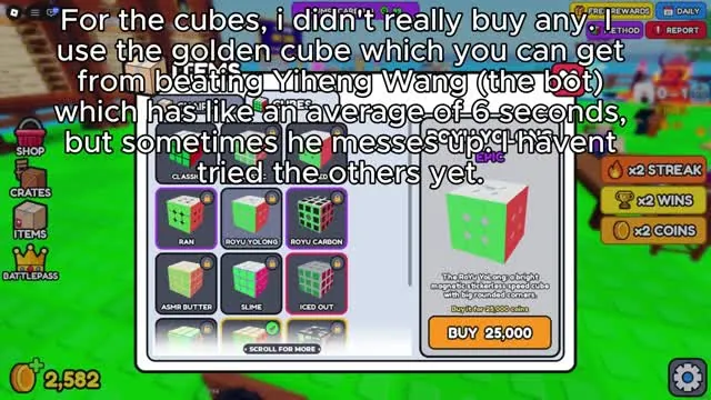Cube shop showing a golden cube priced at 25,000 coins