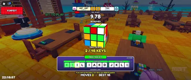 Solve The Cube match screen with a 3x3 cube, a 9.78 second timer and the key bar showing 2 of 45 keys pressed