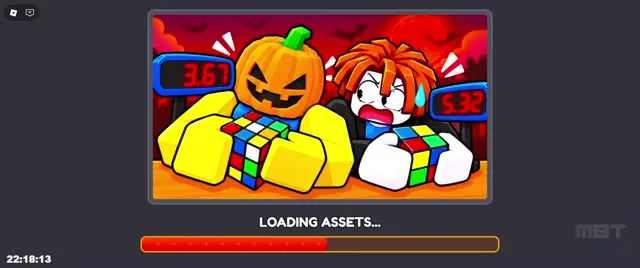 Loading screen with a pumpkin-head avatar and a noob holding cubes