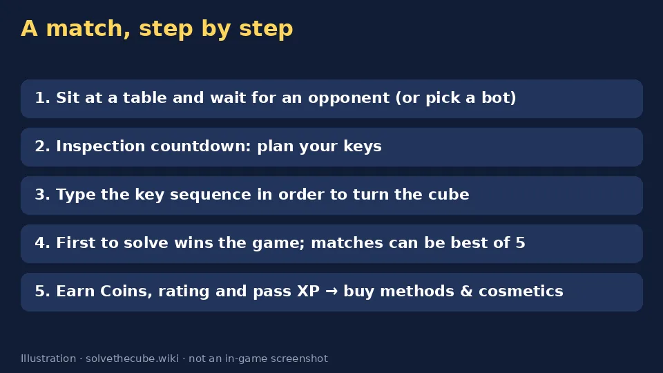 Diagram of a Solve The Cube match from sitting down to earning coins