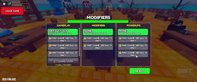 Modifiers screen where most options say First game: defaults only