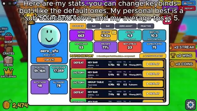 Player stats screen with rating 663, fastest 4.92s, average TPS 4.9, win rate 71% and match history