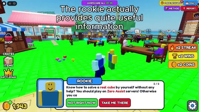 Rookie NPC in the lobby asking whether you know how to solve a real cube, with a Take Me There option