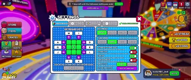 Settings window with the Keyboard Keys layout W, I, A, S, D, E, J, K, L, F and key presets
