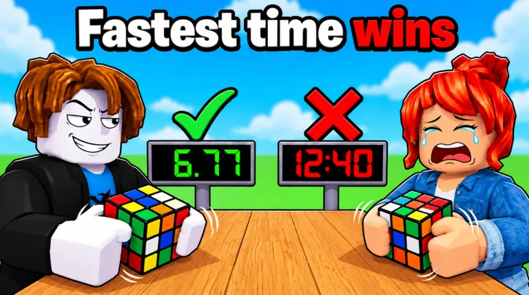 "Fastest time wins" thumbnail: a smug player at 6.77 seconds and a crying rival at 12:40