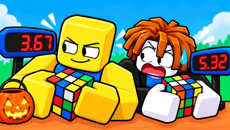 Yellow noob avatar solving a Rubik's Cube in 3.67 seconds beside a pumpkin while a rival panics at 5.32
