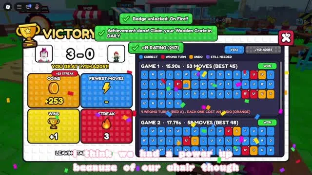 Victory screen showing a 3-0 match with per-game times and moves