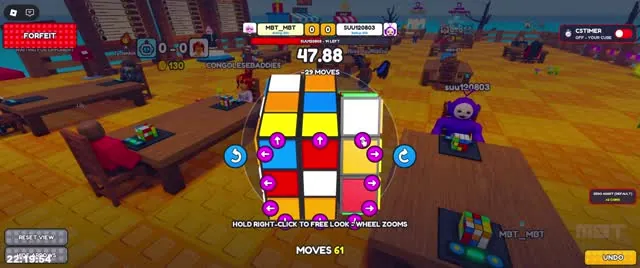 Large stickered cube during a long solve with a 47.88 second timer